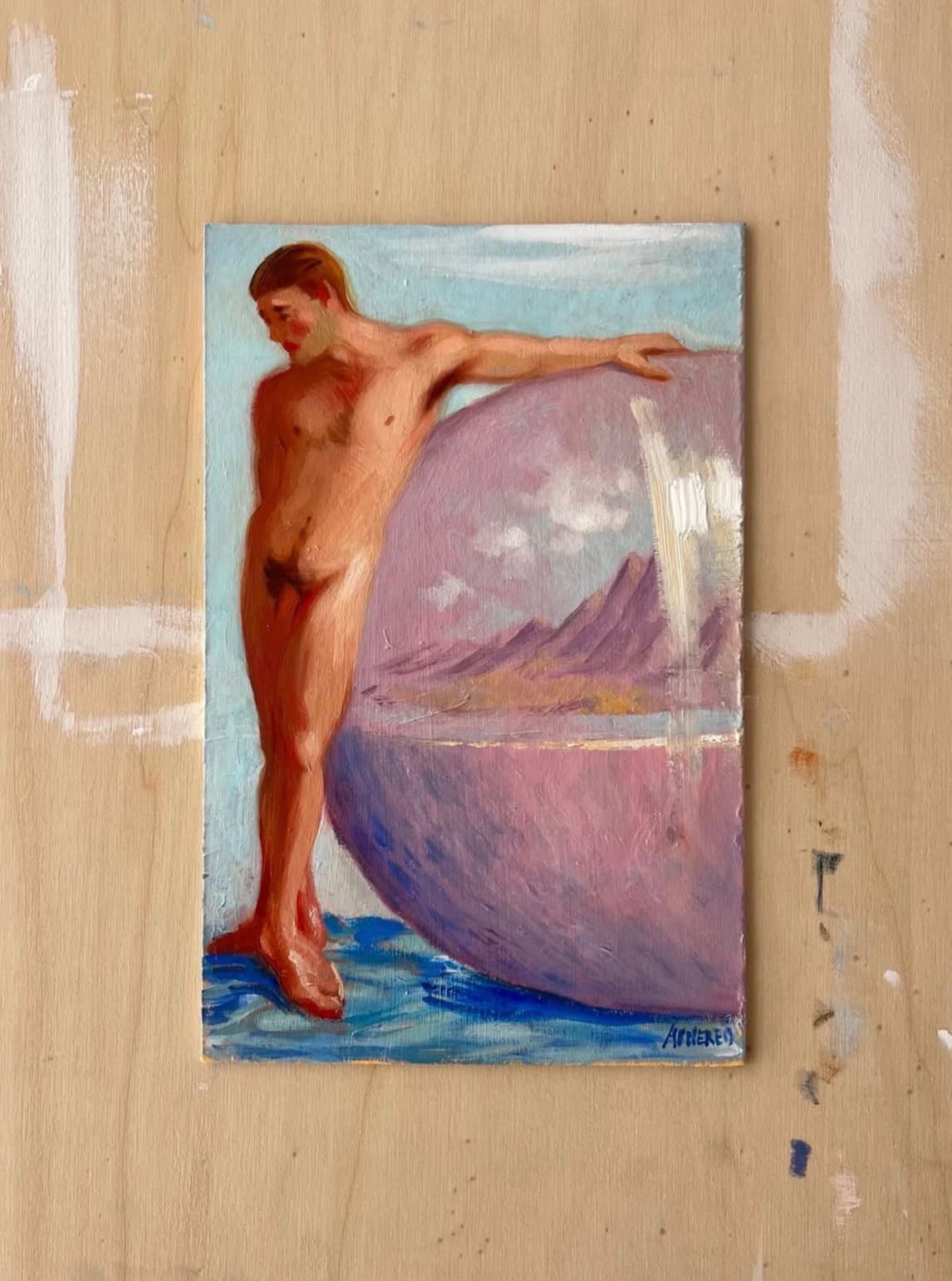 Atlas terraplanista, Óleo sobre cartón, 28 x 18 cm, 2026, Antonio Monereo