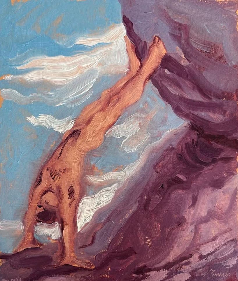 Pinturas moradas I (Sísifo), Óleo sobre cartón, 12 x 22 cm, 2025, Antonio Monereo
